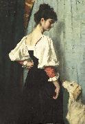 Therese Schwartze Young Italian woman with a dog called Puck. oil painting reproduction